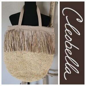 CLEOBELLA Rafia and Fringe Hobo Tote